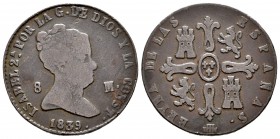 Isabel II (1833-1868). 8 maravedís. 1839. Segovia. (Cal-494). 9,58 g. Variante por canto liso, aunque con algunas reservas. BC+. Est...20,00.