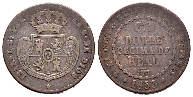Isabel II (1833-1868). Doble décima de real. 1853. Segovia. (Cal-579). Ae. 7,39 ...