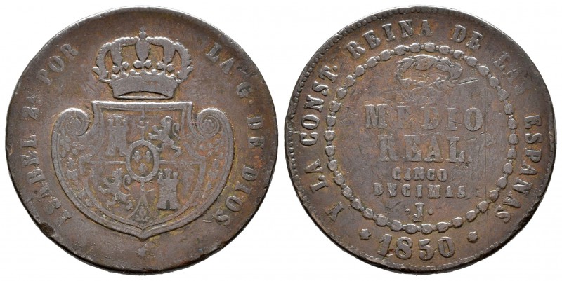 Isabel II (1833-1868). Medio real. 1850. Jubia. (Cal-571). Ae. 18,47 g. BC. Est....