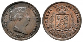 Isabel II (1833-1868). 5 céntimos de real. 1855. Segovia. (Cal-612). Ae. 1,86 g. EBC. Est...50,00.