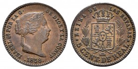 Isabel II (1833-1868). 5 céntimos de real. 1858. Segovia. (Cal-615). Ae. 2,18 g. MBC+. Est...30,00.