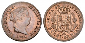 Isabel II (1833-1868). 5 céntimos de real. 1863. Segovia. (Cal-620). Ae. 1,77 g. Restos de brillo original. EBC+. Est...60,00.