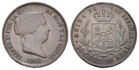 Isabel II (1833-1868). 10 céntimos de real. 1860. Segovia. (Cal-606). Ae. 3,65 g. Reverso girado 30º a la izquierda. Ex colección Elariz. MBC+. Est......
