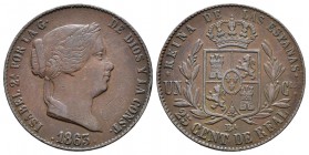 Isabel II (1833-1868). 25 céntimos de real. 1863. Barcelona. (Cal-587). Ae. 9,34 g. Rara. MBC. Est...200,00.