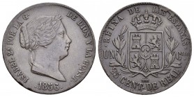 Isabel II (1833-1868). 25 céntimos de real. 1856. Segovia. (Cal-591). Ae. 8,91 g. Reverso girado 15º a la izquierda. Golpecitos. Ex colección Elariz. ...