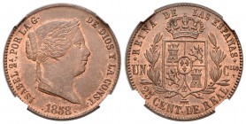Isabel II (1833-1868). 25 céntimos de real. 1858. Segovia. (Cal-593). Ae. 9,22 g. Encapsulada por NN Coins como MS 63 RB. Bella. Brillo original. Ex c...