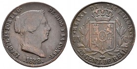 Isabel II (1833-1868). 25 céntimos de real. 1858. Segovia. (Cal-593 variante). Ae. 9,44 g. Reverso girado, la corona apunta a la 1 h. BC+. Est...20,00...