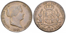 Isabel II (1833-1868). 25 céntimos de real. 1861. Segovia. (Cal-596). Ae. 9,31 g. Reverso girado 15º a la derecha. Golpecitos. Ex colección Elariz. MB...