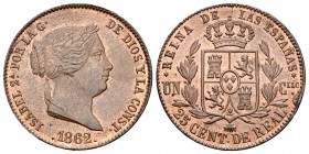 Isabel II (1833-1868). 25 céntimos de real. 1862. Segovia. (Cal-597). Ae. 9,27 g. Gran parte de brillo original. EBC+/SC-. Est...75,00.