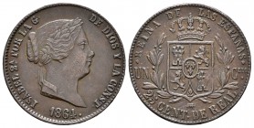 Isabel II (1833-1868). 25 céntimos de real. 1864. Segovia. (Cal-599 variante). Ae. 9,96 g. Reverso girado, la corona apunta a las 11 h. EBC-. Est...40...