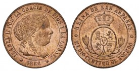 Isabel II (1833-1868). 1/2 céntimo de escudo. 1866. Barcelona. OM. (Cal-669). Ae. 1,32 g. Bella. Pleno brillo original. SC. Est...60,00.