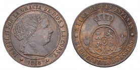 Isabel II (1833-1868). 1/2 céntimos de escudo. 1868. Barcelona. OM. (Cal-671). Ae. 1,27 g. MBC+. Est...15,00.