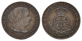 Isabel II (1833-1868). 1/2 céntimos de escudo. 1866. Segovia. OM. (Cal-676). Ae. 1,24 g. Variante por reverso girado, la corona apunta a las 2 h. MBC+...