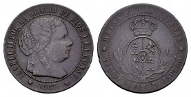 Isabel II (1833-1868). 1/2 céntimos de escudo. 1867. Sevilla. OM. (Cal-679). Ae. 1,25 g. MBC. Est...25,00.