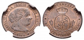 Isabel II (1833-1868). 1/2 céntimo de escudo. 1868. Sevilla. OM. (Cal-680). Ae. Encapsulada por NGC como MS 64 RB. Atractiva. Restos de brillo origina...