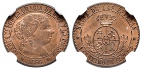 Isabel II (1833-1868). 1 céntimo de escudo. 1866. Barcelona. Sin OM. (Cal-651). Ae. Encapsulada por NGC como MS 65 RB. Ex Colección Elariz. Est...75,0...