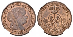 Isabel II (1833-1868). 1 céntimo de escudo. 1868. Barcelona. OM. (Cal-655). Ae. Encapsulada por NN Coins como MS 65 BN. Brillo original. Ex colección ...