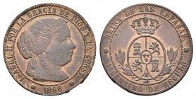 Isabel II (1833-1868). 1 céntimo de escudo. 1868. Barcelona. OM. (Cal-655). Ae. 2,44 g. Defecto de acuñación en el canto. Ex colección Elariz. EBC-/EB...