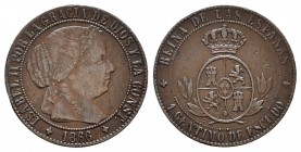 Isabel II (1833-1868). 1 céntimo de escudo. 1866. Jubia. Sin OM. (Cal-656). Ae. 2,58 g. Muy escasa. MBC+. Est...70,00.