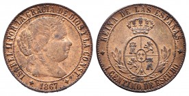 Isabel II (1833-1868). 1 céntimo de escudo. 1867. Jubia. OM. (Cal-657). Ae. 2,47 g. Manchas. Escasa. Ex colección Elariz. EBC-/MBC+. Est...75,00.