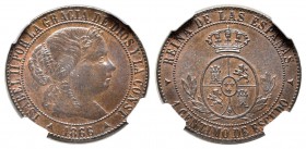 Isabel II (1833-1868). 1 céntimo de escudo. 1866. Segovia. Sin OM. (Cal-661). Ae. Encapsulada por NN Coins como MS 64 RB. Escasa en esta conservación....