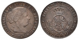 Isabel II (1833-1868). 1 céntimo de escudo. 1867. Segovia. OM. (Cal-664). Ae. 2,45 g. Golpecito en el canto. MBC+. Est...20,00.
