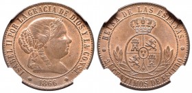 Isabel II (1833-1868). 2 1/2 céntimos de escudo. 1866. Barcelona. Sin OM. (Cal-638). Ae. Encapsulada por NGC como MS 65 BN. Bellísima. Brillo original...
