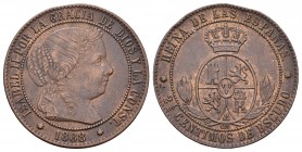 Isabel II (1833-1868). 2 1/2 céntimos de escudo. 1868. Barcelona. OM. (Cal-641). Ae. 6,43 g. Golpes en el canto. MBC+. Est...20,00.