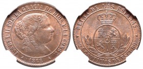 Isabel II (1833-1868). 2 1/2 céntimos de escudo. 1868. Segovia. OM. (Cal-645). Ae. Encapsulada por NGC como MS 64 RB. Bellísima. Escasa en esta conser...