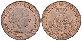 Isabel II (1833-1868). 2 1/2 céntimos de escudo. 1867. Segovia. OM. (Cal-647). Ae. 6,28 g. Brillo original. EBC+. Est...60,00.