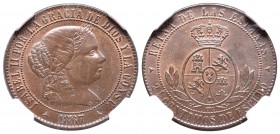 Isabel II (1833-1868). 2 1/2 céntimos de escudo. 1867. Segovia. OM. (Cal-647). Ae. 6,33 g. Encapsulada por NGC como MS 65 BN. Precioso color. Escasa e...