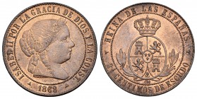 Isabel II (1833-1868). 2 1/2 céntimos de escudo. 1868. Segovia. OM. (Cal-648). Ae. 6,31 g. Brillo original. SC-/SC. Est...60,00.
