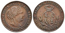 Isabel II (1833-1868). 2 1/2 céntimos de escudo. 1867. Ae. 6,59 g. Falsa de época. Roseta de seis pétalos como marca de ceca. Inicales IC en el corte ...