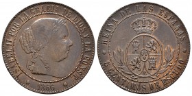 Isabel II (1833-1868). 5 céntimos de escudo. 1866. Barcelona. Sin OM. (Cal-622). Ae. 12,44 g. Golpecito en el canto. EBC-. Est...60,00.