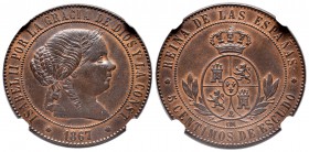 Isabel II (1833-1868). 5 céntimos de escudo. 1867. Barcelona. OM. (Cal-624). Ae. Encapsulada por NGC como MS 63 BN. Atractiva. Ex Colección Elariz. Es...