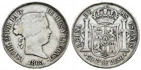 Isabel II (1833-1868). 50 centavos. 1865. Manila. (Cal-452). Ag. 12,84 g. BC+. Est...60,00.