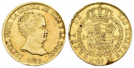Isabel II (1833-1868). 80 reales. 1839. Barcelona. PS. (Cal-55). Au. 6,73 g. Golpes en el canto. MBC+. Est...250,00.