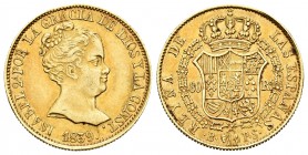 Isabel II (1833-1868). 80 reales. 1839. Barcelona. PS. (Cal-55). Au. 6,75 g. MBC+. Est...260,00.