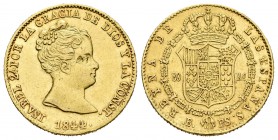 Isabel II (1833-1868). 80 reales. 1844. Barcelona. PS. (Cal-62). Au. 6,75 g. Golpecitos en el canto. MBC+. Est...230,00.