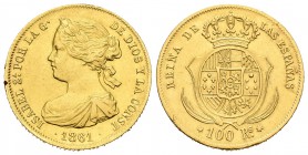 Isabel II (1833-1868). 100 reales. 1861. Madrid. (Cal-26). Au. 8,39 g. Prueba en el canto. MBC/MBC+. Est...220,00.