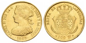 Isabel II (1833-1868). 100 reales. 1862. Sevilla. (Cal-40). Au. 8,32 g. Golpecito en el canto. MBC+. Est...270,00.