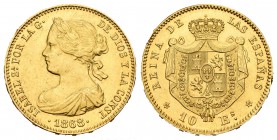 Isabel II (1833-1868). 10 escudos. 1868*18-68. Madrid. (Cal-47). Au. 8,36 g. Golpecitos en el canto. EBC+. Est...300,00.