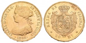 Isabel II (1833-1868). 10 escudos. 1868*18-68. Madrid. (Cal-47). Au. 8,33 g. Golpecitos en el canto. Brillo original. EBC. Est...275,00.