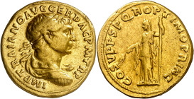 (107 d.C.). Trajano. Áureo. (Spink 3087) (Co. 65) (RIC. 109) (Calicó 996b). 7,11 g. MBC.