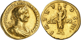(119-120 d.C.). Adriano. Áureo. (Spink falta) (Co. 796) (RIC. 195) (Calicó 1267). 7,11 g. MBC.