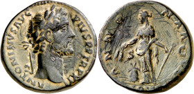 (148-149 d.C.). Antonino pío. Sestercio. (Spink falta) (Co. 41 var) (RIC. 854). Limpiada y rayada. 27,10 g. (MBC+).