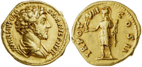 (153-154 d.C.). Marco Aurelio. Áureo. (Spink 4769 var) (Co. 672 var) (RIC. 460 var, de Antonino pío) (Calicó 1949). 7,23 g. MBC+.