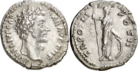 (148-149 d.C.). Marco Aurelio. Denario. (Spink 4787 var) (S. 618) (RIC. 444, de Antonino pío). Leve grieta. Hoja en reverso. 2,45 g. MBC+.