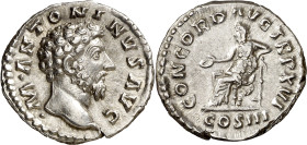 (162 d.C.). Marco Aurelio. Denario. (Spink 4882 var) (S. 33) (RIC. 33). 3,22 g. EBC/EBC-.