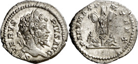 (202 d.C.). Septimio Severo. Denario. (Spink 6323 var) (S. 372) (RIC. 184). Pequeña grieta. 3,30 g. EBC-.